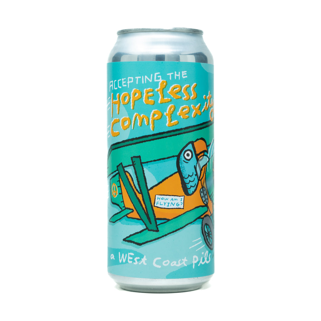 Accepting The Hopeless Complexity 4pk $15 // West Coast Pils w/ Strata, 5.5% abv